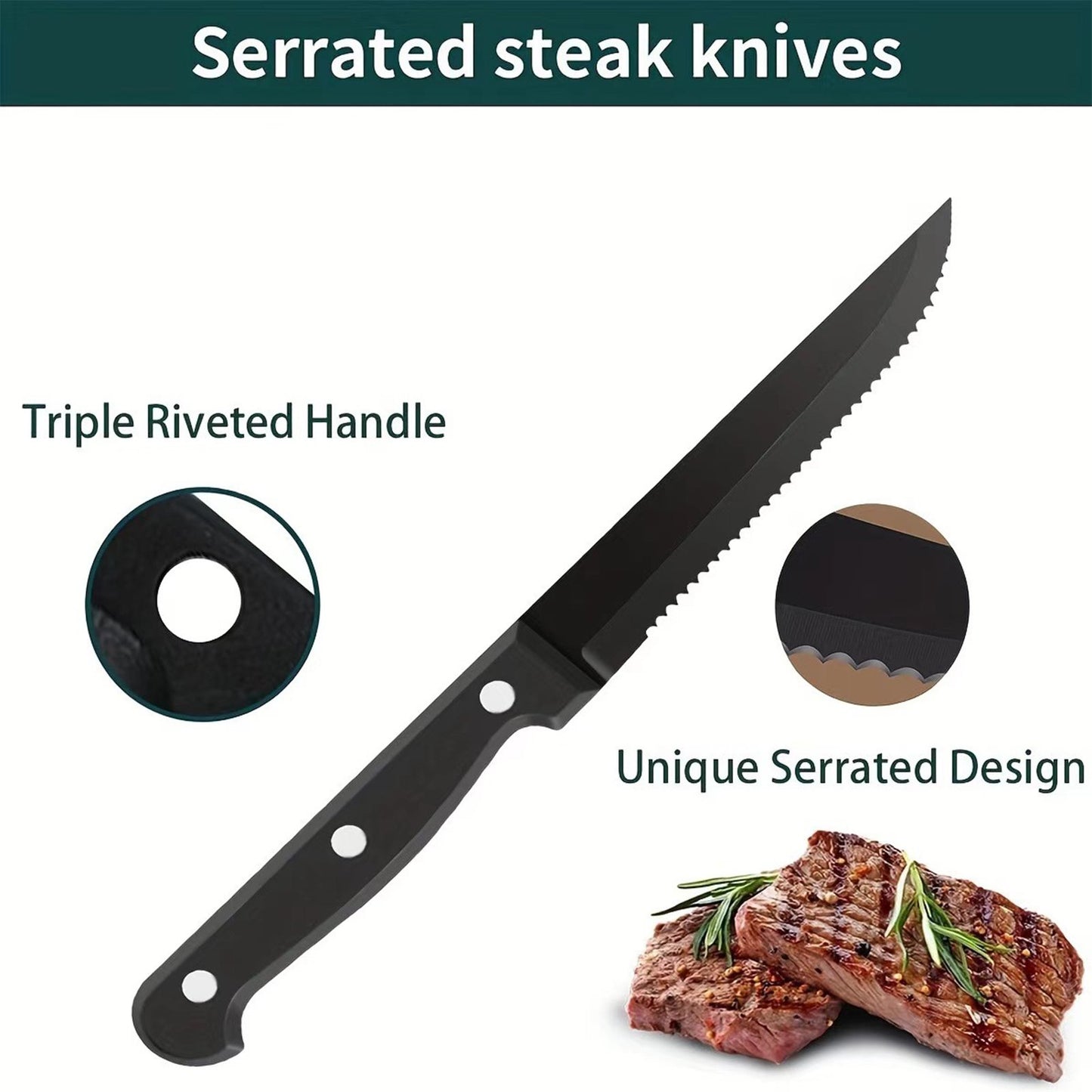 Steak Knives Serrated Set of 6, Stainless Steel Steak Knife Set, Restaurant Quality, Stainless Steel, 4.25-Inch, Sharp Tip(Black)