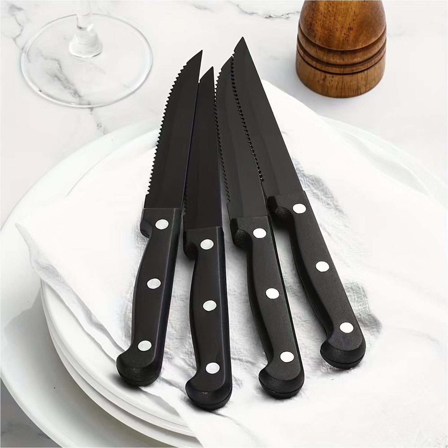 Steak Knives Serrated Set of 6, Stainless Steel Steak Knife Set, Restaurant Quality, Stainless Steel, 4.25-Inch, Sharp Tip(Black)