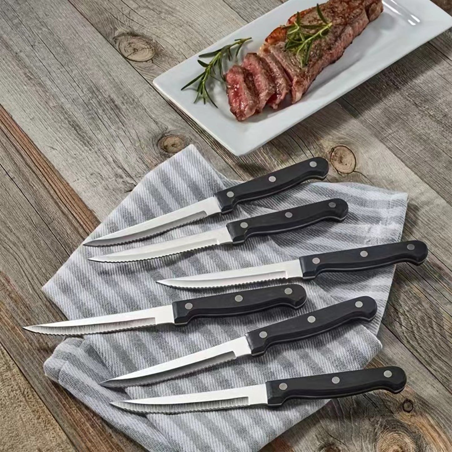 Steak Knives Serrated Set of 6, Stainless Steel Steak Knife Set, Restaurant Quality, Stainless Steel, 4.25-Inch, Sharp Tip(Black)