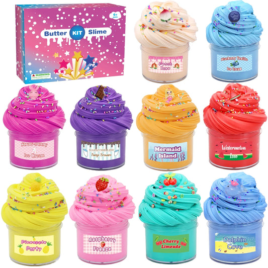 Slime Kit Butter Slime Cloud Cream Slime with Fruit Accessories Fluffy Glitter Colorful Super Soft and Non-Sticky, Stress Relief Toy Birthday Gifts for Girl Boys(10 Pack)