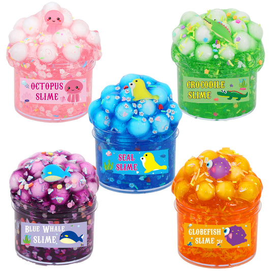 5-Pack Ocean Slime Set – Crystal Clear & Butter Clay Putty with Marine Charms – Stress Relief DIY Slime Kit for Kids